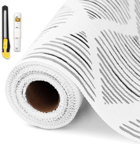 Drawer and Shelf Liner for Kitchen Cabinet,Non-Adhesive Cabinet Liner 12in x 20FT,Waterproof Shelf Paper Non-Slip Mats Cupboard Liners Contact Protect Dresser/Shelves/Table-Square Stripes