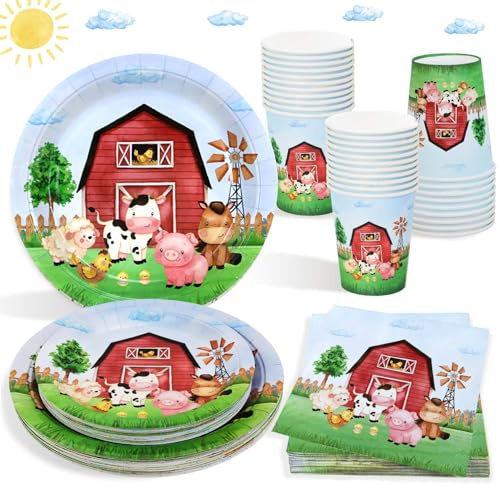 Heboland Set Stoviglie Compleanno Fattoria Serve 25 Ospiti, 100pcs Decorazioni per Feste in Fattoria - Piatti Carta Fattoria Animali Tazza Tovaglioli Decorazioni Compleanno Bambini