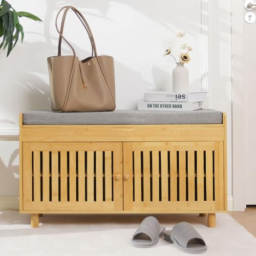oakvivo Bamboo 35.4in Shoe Storage Bench with Lift Top Storage & Padded Seat Cushion, 2-Tier Shoe Rack Cabinet with 2 Doors for Entryway, Living Room, Bedroom, Mudroom, Natural