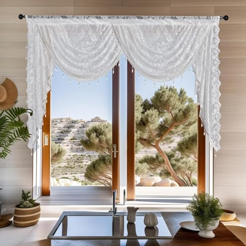 Mantovana per finestra in pizzo a cascata con nappe di perline ricamate floreali, mantovana/mantovana/festoni per camera da letto/soggiorno/cucina/cantina (99 x 104 cm di lunghezza, bianco)