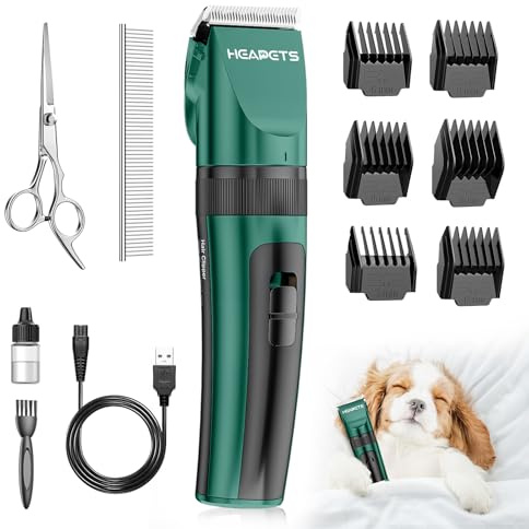 HEAPETS Dog Clippers for Grooming, Low Noise, Electric Quiet, Adjustable Clipper Comb, Rechargeable Cordless Dog Hair Clippers for Dogs Cats Pets, Green