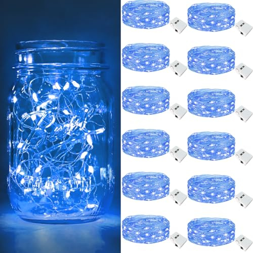btfarm 12 Pack 3 Modes LED Fairy Lights Battery Operated, 2M 20LED Mini String Lights Battery Powered IP65 Waterproof Silver Wire Small Fairy Lights Indoor Outdoor for Christmas, Party, Bedroom, Blue