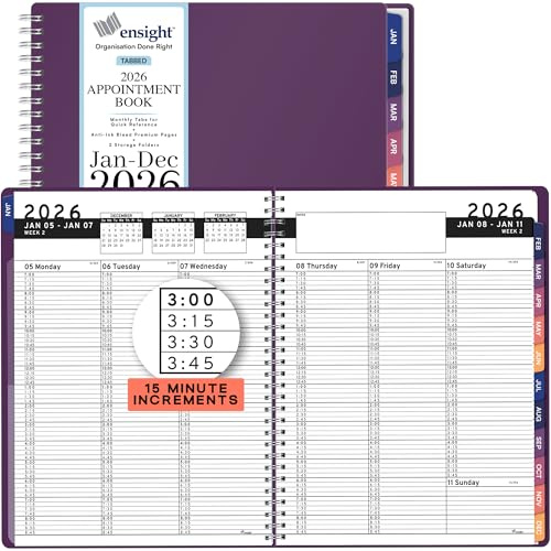 Ensight 2026 Appointment Book and Planner 8.5 x 11 Large Hourly Weekly Daily Schedule Book with Tabs, 15 Minute Time Slots, Purple Calendar Organizer Jan 2026–Dec 2026 Appointment Planner - Purple