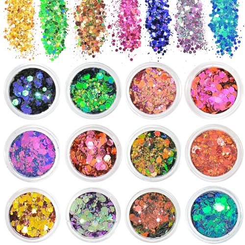 Paillettes de Corps, 12 Couleurs Paillette Maquillage Set, Paillette Festival pour Visage, Corps, Ongles, Cheveux, Halloween, Fête, Noël, A