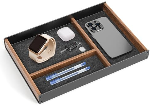 SHUOSUO Wood Desk Tray, Drawer Organizer, Mens Valet Made of Aluminum and Walnut, Aesthetic Desk Accessories for Office Home Supplies Keys Pen Watch