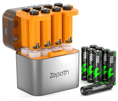 Zepath Cargador híbrido de Iones de Litio/NI-MH con 16 Pilas AAA Recargables NI-MH, 1100 mAh de Alta Capacidad, 1,2 V Pilas AAA, 8 Cargadores para Pilas AA/AAA, Caja de Almacenamiento integrada de