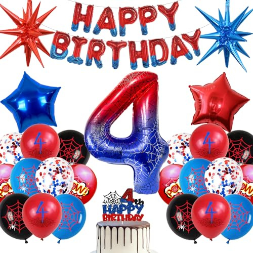 Décoration Anniversaire Spider 4 Ans, Toile D'araignée Géant Zahlenballons, Déco Garçon Fête Ballon Bannière Ballons en Latex Décoration de Gâteau Cadeaux (Garçon Anniversaire Ballon 4 Ans)