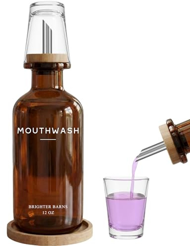 Amber Glass Mouthwash Dispenser for Bathroom by Brighter Barns - Refillable Mouthwash Container and Glass Cup - Modern Mouth Wash Dispensers for Bathroom - Boho Decor for Office, Airbnb, Hotel (Amber)