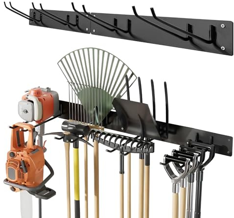 ELESKY Soporte de metal para herramientas de jardín, soporte para herramientas con 4 ganchos dobles, estable y resistente, soporte para escobas para jardín, garaje y taller, color negro