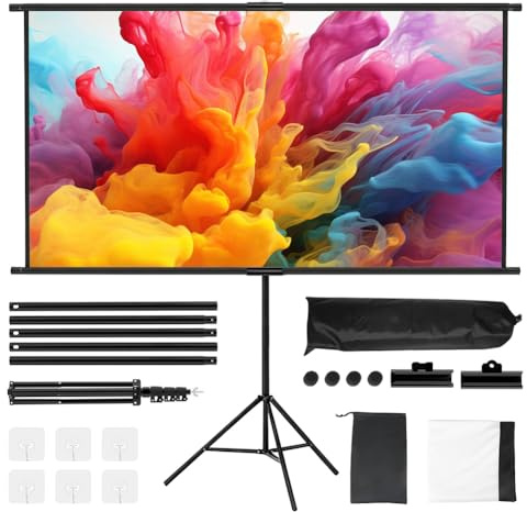 Pantalla de proyección grande con trípode de 100 pulgadas, soporte para pantalla de proyección para exteriores, portátil, con bolsa de transporte, altura ajustable, para interior HD 16:9 frontal