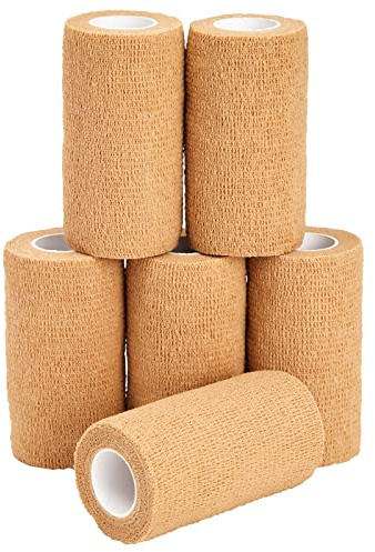 Juvale Cohesive Self-Adhering Elastic Bandage Wrap - Sprain Support & Medical Tape - Vet Wrap for Horses & Horse Leg Support - Sport Tape & Tattoo Bandage - 4 in x 5 yd, Tan, Pack of 6