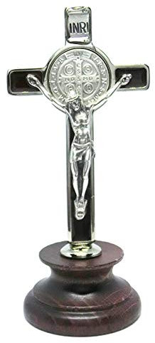 GTBITALY 10.006.11 Croce di San Benedetto Argento smaltato a Mano su Base Legno Marrone