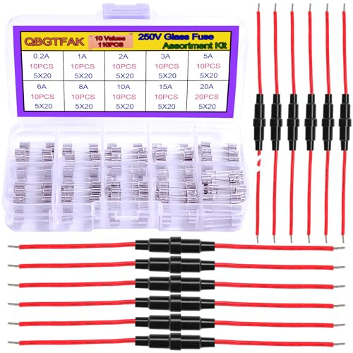 QBGTFAK 12pcs 5x20 mm Fuse Holder Inline Screw Type with 16 AWG Wire + 10 Values 110 Pcs 5x20mm Fast Blow Glass Fuses 250 V 0.2A, 1A, 2A, 3A, 5A, 6A, 8A, 10A,15A,20A,Assortment Kit
