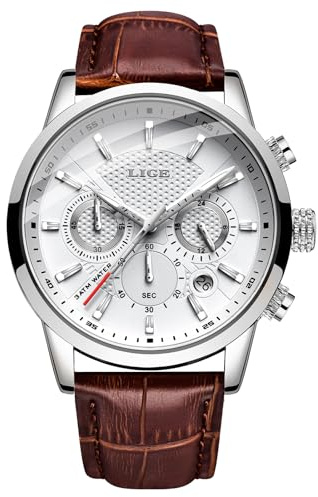 LIGE Montre Homme Chronographe 3 ATM Etanche Vintage Montres Hommes Cuir Quartz Date Aiguilles Luminescentes Business et Décontractée Waterproof Mens Watches for Men