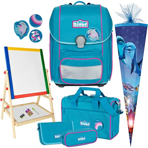 DOLPHINS - Delfin - Scout Genius mit Funny Snaps Schulranzen-Set 6tlg. mit SCHULTÜTE - SCHREIBTAFEL GRATIS DAZU, Hellblau, Größe: B 31 x H 40 x T 22 cm