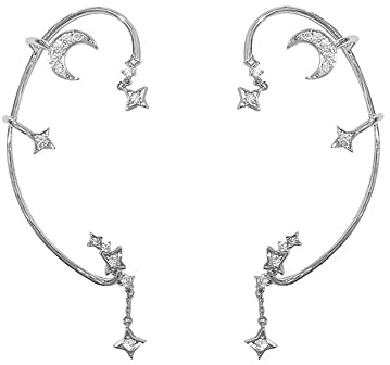 2PCS Women's Clip-On Earrings Hook Without Pierced (Star Moon Ear Clips)