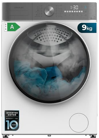 Cecotec Lavadora 9Kg Carga Frontal Bolero DressCode 9800 Inverter A 2000W, 1400 rpm, 16 Programas, Motor Inverter Plus, SteamMax, Carga automática y Display táctil XXL. Clase A, KidLock