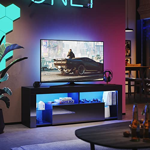 SUNXURY Meuble TV à LED Noir 140 cm avec 12 couleurs LED Éclairage TV Board suspendu étagères en verre brillant 140 x 35 x 50,5 cm
