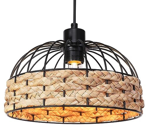 GIGGI Small Metal & Rope Light Shade, Retro Black Light Shade with Jute Rope Lamp Shades Ceiling, Rattan Lampshade, Pendant Lampshades for Ceiling Lights, Living Rooms, Kitchen, Bedroom, Hallways