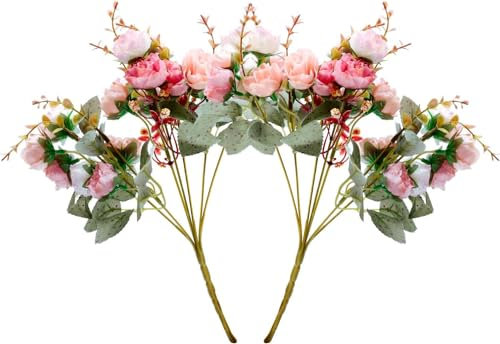 21 cabezas de rosas de seda artificiales, 2 paquetes de flores artificiales, decoración de flores artificiales, pequeños ramos de flores artificiales, ramo de plástico realista para decoración de