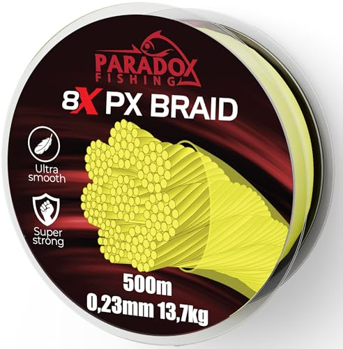 Paradox Fishing 8X PX geflochtene Angelschnur I Chartreuse gelb, 500M - 0,23mm - 13,7kg – Angelschnur geflochten- 8fach eng geflochten – perfekt zum Spinnfischen