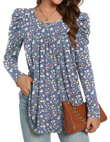 Anydeer Haut décontracté à manches bouffantes pour femme - Tunique basique plissée pour l'automne, Fleurs hétéroclites - bleu, 3XL
