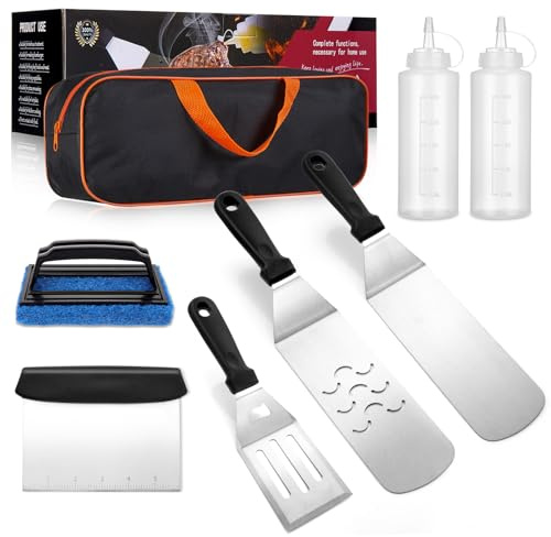 Kit di accessori per piastra Blackstone, 8 pezzi, set di accessori per barbecue con parte superiore piatta, per Blackstone e Camp Chef, set di spatole ingrandite in metallo con borsa per il trasporto,