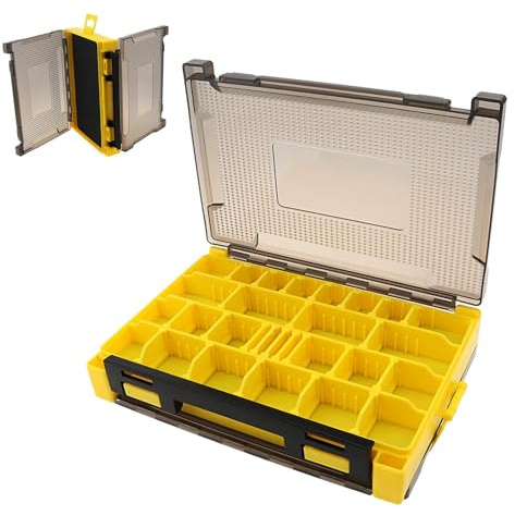 OriGlam Scatola portaoggetti a doppia faccia per accessori da pesca, 20,5 x 14,5 x 4,5 cm, con scomparti e fessure in spugna, traslucida e resistente all'acqua
