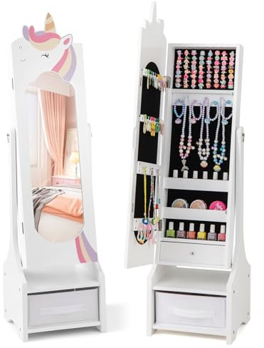 GOPLUS Armoire à Bijoux Enfant Fille, 2 en 1 avec Miroir Pleine Longueur, Meuble à Bijoux sur Pied avec Tiroir Pliable, 2 Angles Réglables, Motif Licorne, Cadeau pour Enfant Blanc