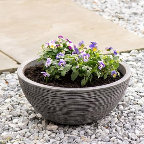 Shop4allsorts Grey Round Bowl Planter Stone Effect Decorative Plastic Plant Pot 39.5cm x 17cm