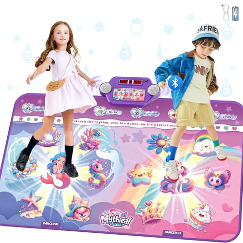 Tapis de danse Bluetooth amélioré 2025 pour 2 enfants, rechargeable, à 2 joueurs, interactif, 4 modes améliorés, avec boîte à piles LED, cadeau d'anniversaire pour filles/garçons de 3 à 12 ans, rose