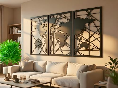 VAILLA Mappa del Mondo da Parete Decorazioni da Parete in Legno 3D Quadro Mappamondo Quadro Camera Da Letto Quadri Soggiorno Decorazione Parete in Nero Grandi Dimensioni Moderni Accessori Salotto