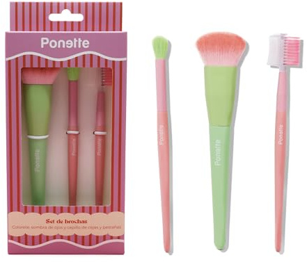 Ponette - Set de Brochas de Maquillaje – 3 Piezas con Brocha para Colorete, Pincel para Sombra de Ojos y Cepillo 2 en 1 para Cejas y Pestañas