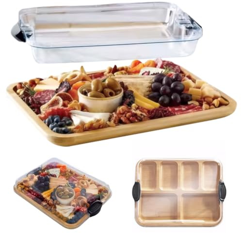 Charcuterie Board with Lid, 6 Compartments Wooden Cheese Board for Snacks, Kitchen Serving Tray, Portable Cheese Platter for Fruits, Candy, Bread