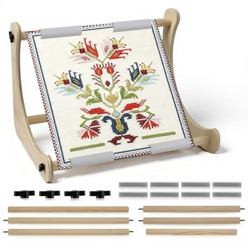 Wooden Embroidery Stand, Adjustable Cross Stitch Holder with Non-Slip Clips, Heavy-Duty Needlework Frame for Table Top, Quilting Hoop Stand for Tapestry, Sewing & Crafts (2 Sets of Rods)