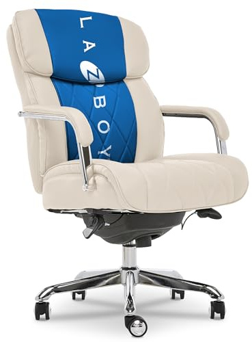 La-Z-Boy Sutherland Quilted Leather Executive Office Chair with Padded Arms, High Back Ergonomic Desk Chair with Lumbar Support, Ivory White Bonded Leather