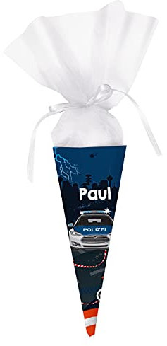 Striefchen® Polizei Schultüte mit Polizeiwagen und Namen des Kindes - eckig 28 cm