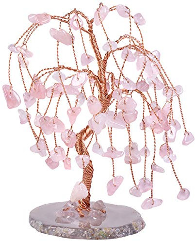Nupuyai Rose Quartz Crystal Tree for Home, Fengshui Bonsai Money Tree Wealth and Good Luck Office Decor, Agate Slice Base