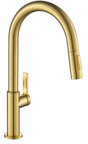 KRAUS Oletto Single Handle Pull Down Kitchen Faucet in Spot-Free Brushed Brass, KPF-2820BB
