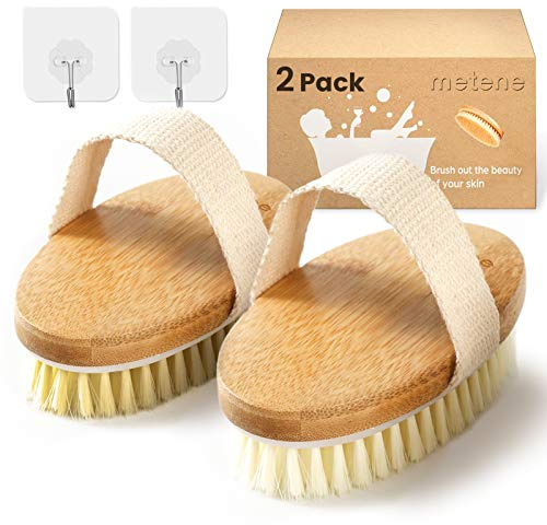 Metene Dry Brushing Body Brush with Soft and Stiff Natural Bristles, Body Exfoliating/Massage Scrub Brush for Cellulite and Lymphatic, Improve Your Circulation, 2 Pack