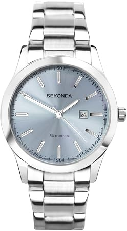 Sekonda Taylor Damen 34 mm Quarzuhr mit analoger Datumsanzeige und silbernem Edelstahlarmband, blau, Einheitsgröße, Armband