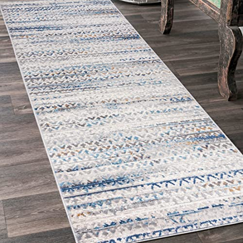 Mazovia Teppich Läufer Flur - Modern Teppichläufer – Kurzflor, Weich - für Vorzimmer Eingangsbereich Schlafzimmer Küche Korridor - Abstrakt Muster - 100 cm Breite Grau Blau 100 x 250 cm