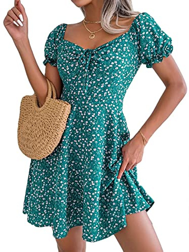 Yutdeng Elegant Blomklänning för Kvinnor Sommarklänning 2023 Square Hals Klänningar Casual Kortärmad Chic Strandklänning Blommigt Tryck Semesterklänning, Grön, M