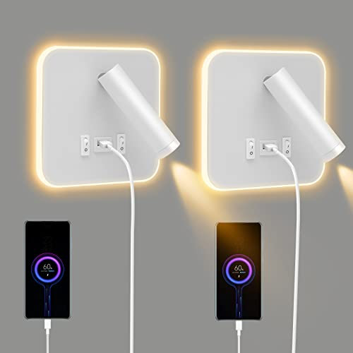 Weigudoc Lámpara de Pared LED, Luz de Lectura Junto a la Cama, Aplique de Pared Cabecera Ajustable, con Puerto de Carga USB e Interruptor, Luces de Pared de Pasillo (luz cálida 3W + 9W)(Blanco 2pcs)