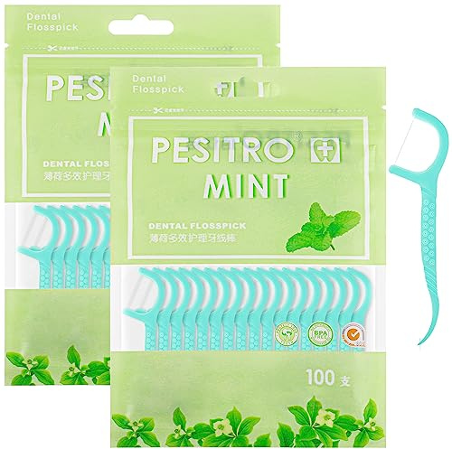 200 Pcs Dental Floss, Floss Picks, Floss Sticks Dental, 2 in 1 Toothpick | 7.5CM, Anti-Slip Handle, Strong Floss, Disposable, Portable, Curved Pick for Interdental Cleaning, Home, Travel Use - Blue