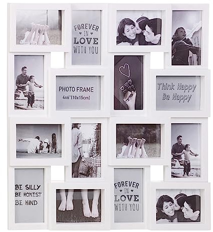 Large Multi Aperture Collage Picture Photo Frame Holds 16 Photos 6x4 Wood Look Square 3D Wall Display Decor (White)