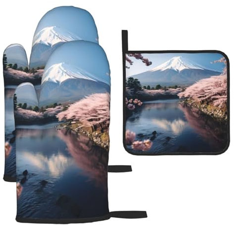 Juego de guantes de horno y soportes para ollas, guantes antideslizantes resistentes para barbacoa, cocina, hornear, parrilla, impresión de paisaje Fuji de Japón