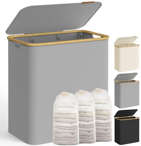 SONGMICS Pfandflaschen Sammelbehälter,Wäschekorb mit Deckel, Wäschesammler mit 3 Fächern, 150 L, herausnehmbarer Wäschesack, Griffe aus Bambus, 60 x 38,5 x 70,5 cm, taubengrau LCB515G01