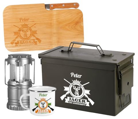 Herz & Heim® Geschenkset für Jäger mit Namenstasse, Frühstücksbrett mit Messer, Led Laterne in originaler Army Munitionsbox