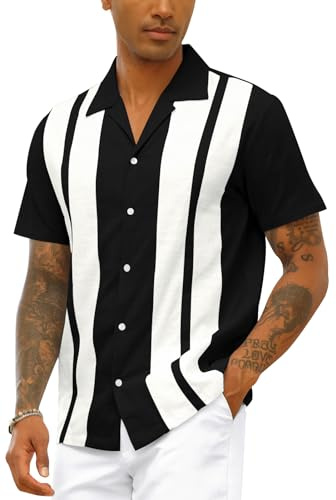 CTU Mens Vintage Bowling Shirt Cotton Linen Beach Shirts Short Sleeve Striped Button Down Summer Tops Hawaiian Shirts Black XXL